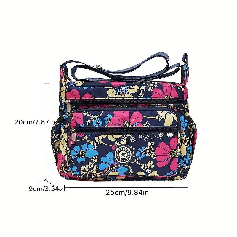 Floral Pattern Crossbody Bag Nylon Shoulder Bag Women's Zipper Purse