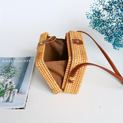 Rattan Woven Box Crossbody Bag Boho Style Square Beach Bag