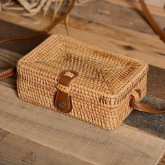 Rattan Woven Box Crossbody Bag Boho Style Square Beach Bag