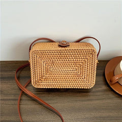 Rattan Woven Box Crossbody Bag Boho Style Square Beach Bag