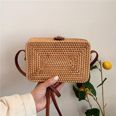 Rattan Woven Box Crossbody Bag Boho Style Square Beach Bag
