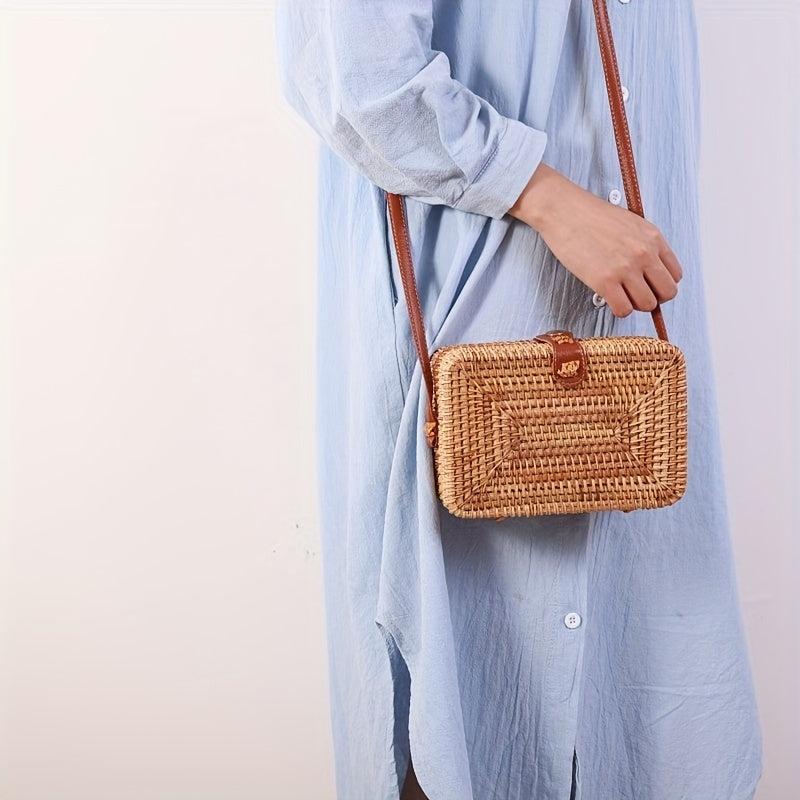 Rattan Woven Box Crossbody Bag Boho Style Square Beach Bag