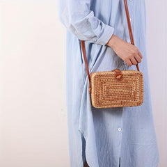 Rattan Woven Box Crossbody Bag Boho Style Square Beach Bag