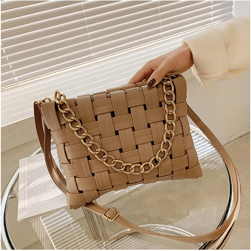 Braided Metal Chain Crossbody Bag PU Leather Textured Bag Purse