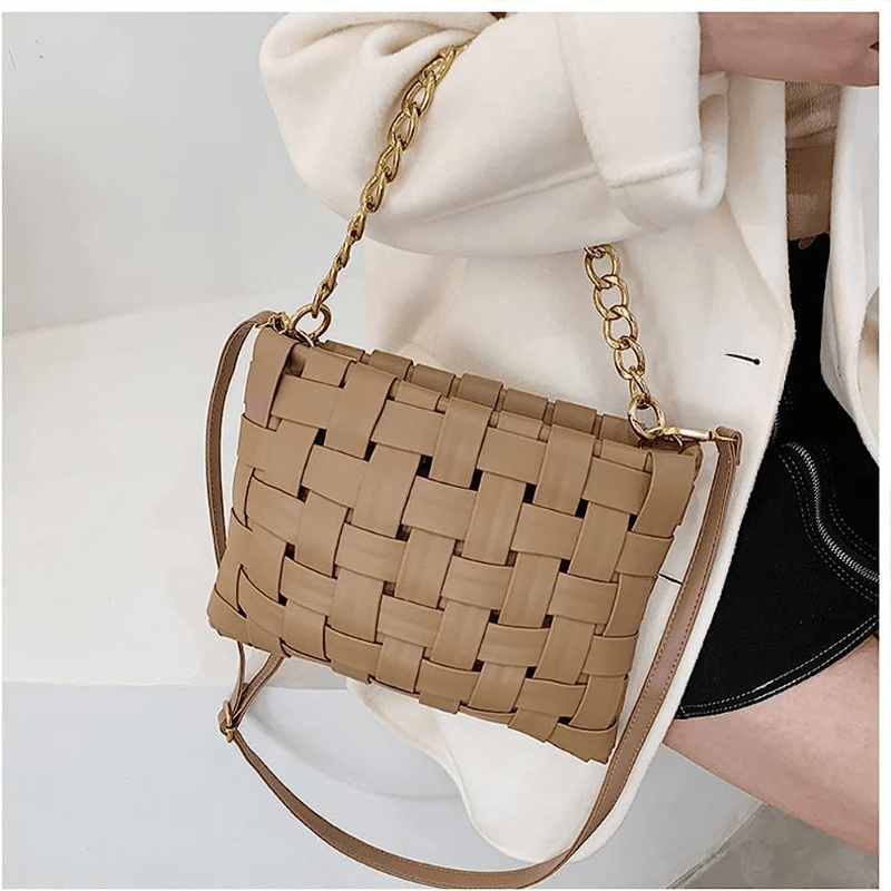Braided Metal Chain Crossbody Bag PU Leather Textured Bag Purse