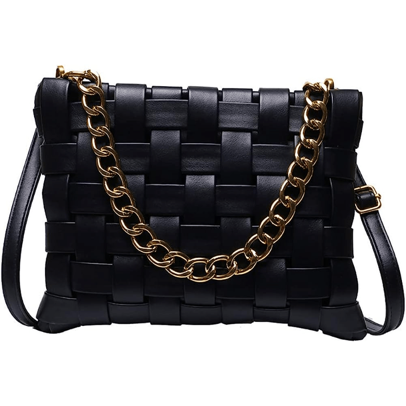 Braided Metal Chain Crossbody Bag PU Leather Textured Bag Purse