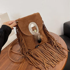 Boho Style Fringe Trim Crossbody Bag Small Feather Decor Flap Purse