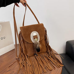 Boho Style Fringe Trim Crossbody Bag Small Feather Decor Flap Purse