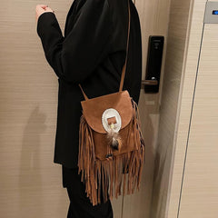 Boho Style Fringe Trim Crossbody Bag Small Feather Decor Flap Purse