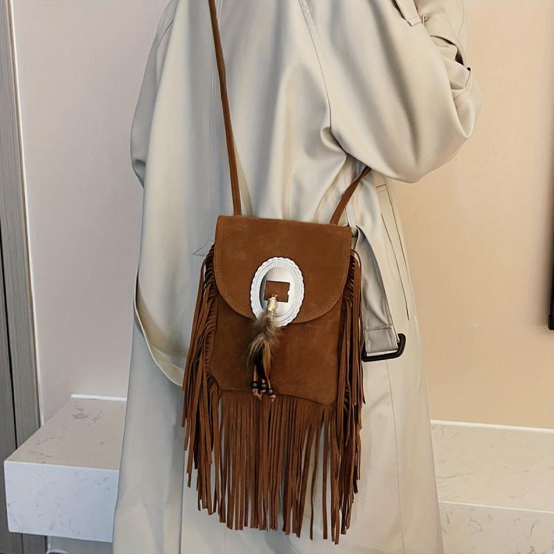 Boho Style Fringe Trim Crossbody Bag Small Feather Decor Flap Purse