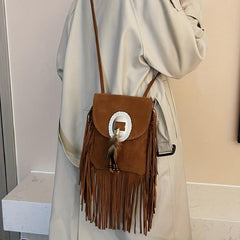 Boho Style Fringe Trim Crossbody Bag Small Feather Decor Flap Purse
