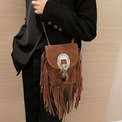 Boho Style Fringe Trim Crossbody Bag Small Feather Decor Flap Purse