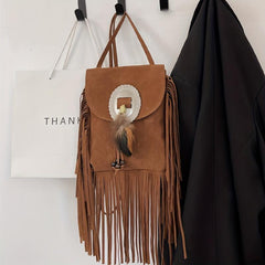 Boho Style Fringe Trim Crossbody Bag Small Feather Decor Flap Purse