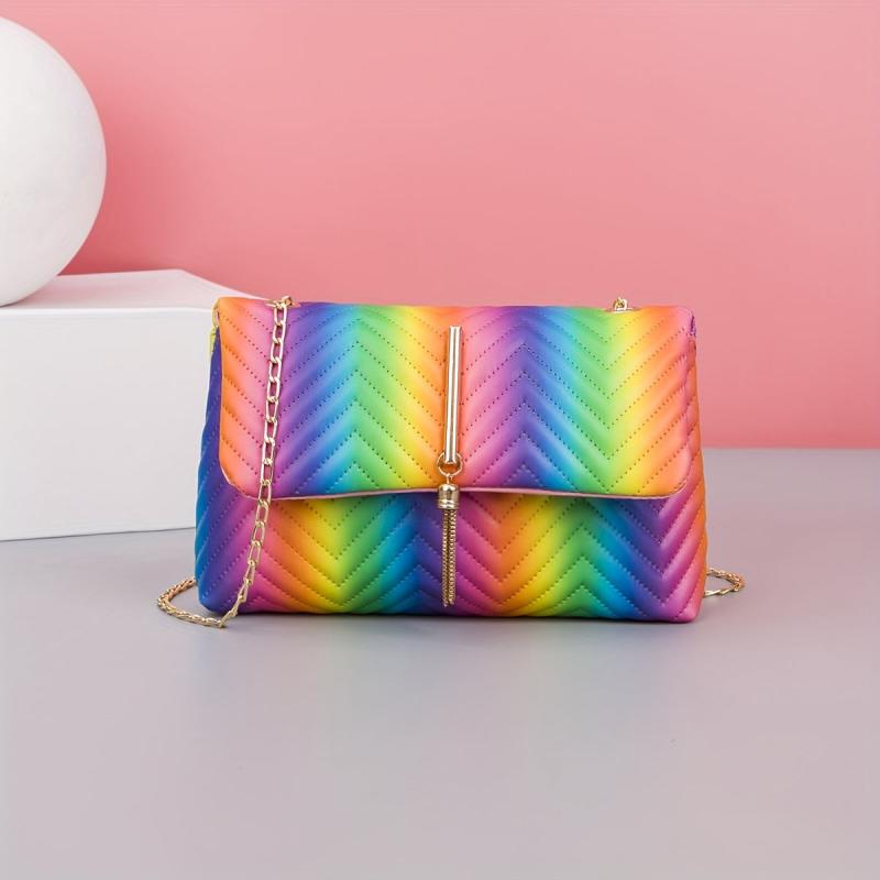 Niche Rainbow Square Flap Shoulder Bag With Tassel