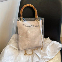 Clear Plastic Chain Strap Shoulder Bag Bamboo Handle Tote Handbag