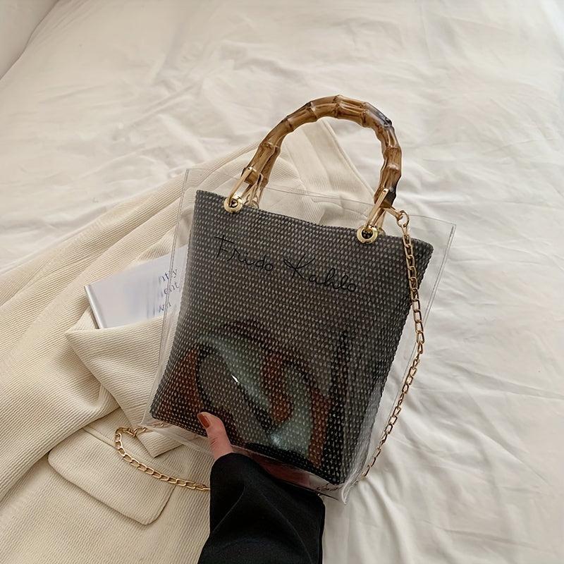 Clear Plastic Chain Strap Shoulder Bag Bamboo Handle Tote Handbag