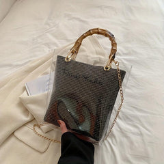 Clear Plastic Chain Strap Shoulder Bag Bamboo Handle Tote Handbag