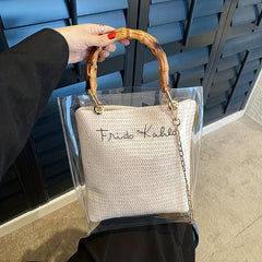 Clear Plastic Chain Strap Shoulder Bag Bamboo Handle Tote Handbag