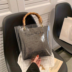 Clear Plastic Chain Strap Shoulder Bag Bamboo Handle Tote Handbag