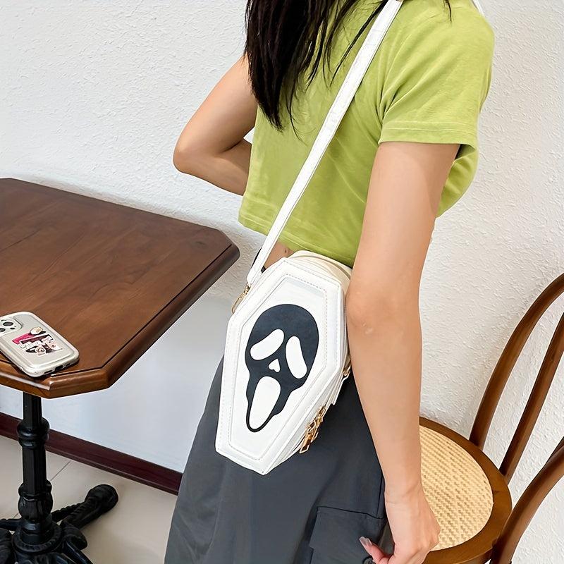 Gothic Ghost Pattern Crossbody Bag Coffin Shaped Novelty Shoulder Bag
