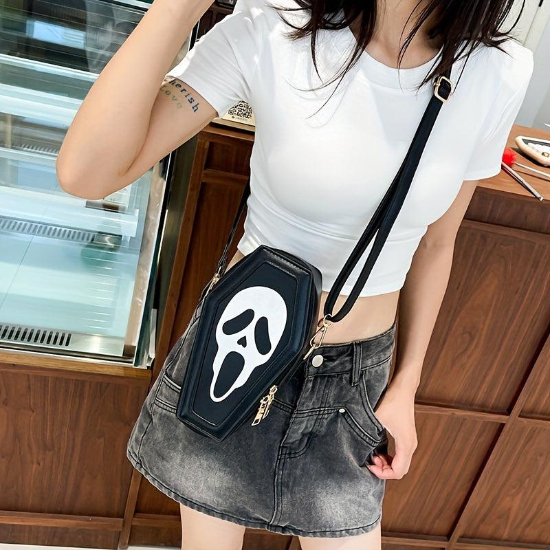 Gothic Ghost Pattern Crossbody Bag Coffin Shaped Novelty Shoulder Bag
