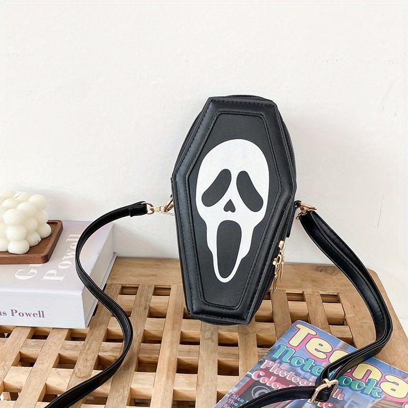 Gothic Ghost Pattern Crossbody Bag Coffin Shaped Novelty Shoulder Bag