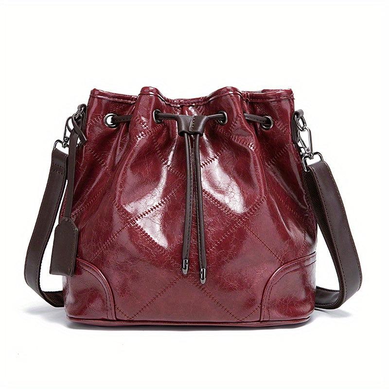 Vintage Quilted Bucket Bag Leather Shoulder Drawstring