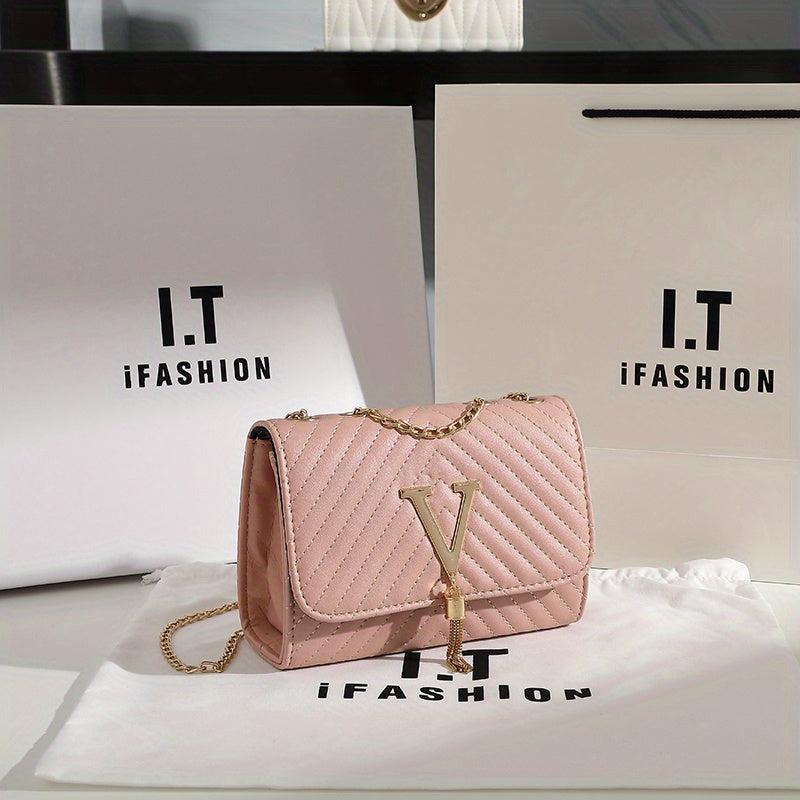 Chevron Quilted Versatile Shoulder Bag Metal Tassel Flap Crossbody Bag