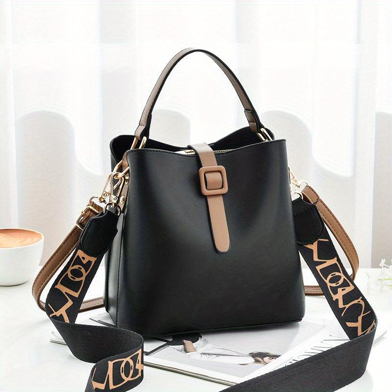 Wide Strap Top Handle Crossbody Bag PU Leather Textured Satchel Bag