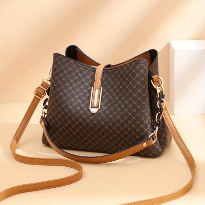 Geometric Pattern Bucket Bag PU Leather Chain Crossbody Purse For Work & Dating