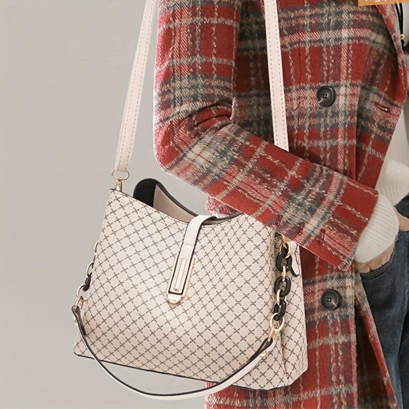 Geometric Pattern Bucket Bag PU Leather Chain Crossbody Purse For Work & Dating