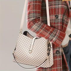Geometric Pattern Bucket Bag PU Leather Chain Crossbody Purse For Work & Dating