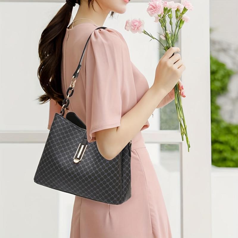 Geometric Pattern Bucket Bag PU Leather Chain Crossbody Purse For Work & Dating