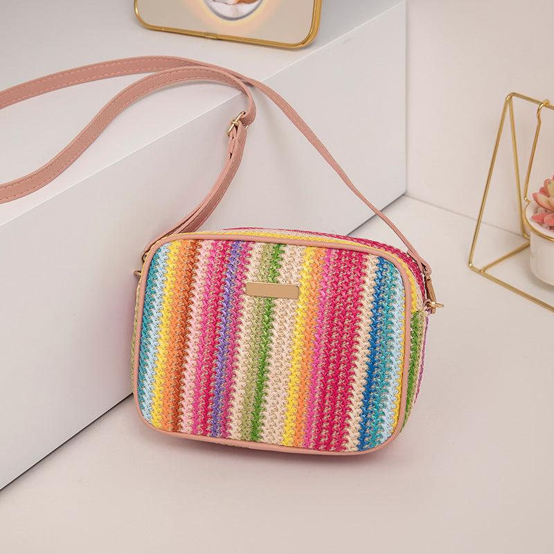 Rainbow Straw Square Bag Zipper Crossbody Bag