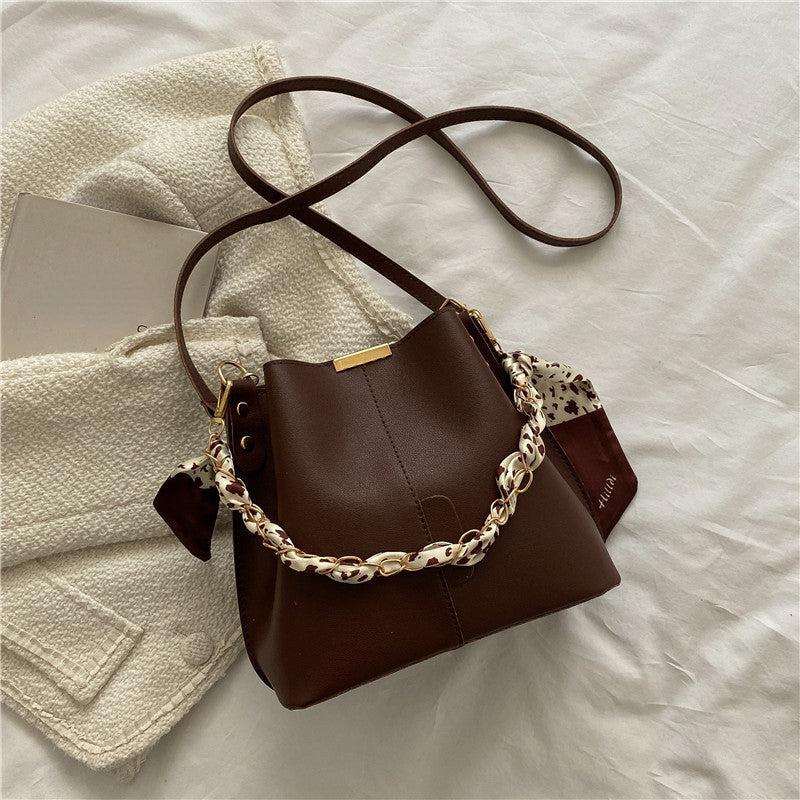 Metal Chain Crossbody Bucket Bag PU Leather Shoulder Bag