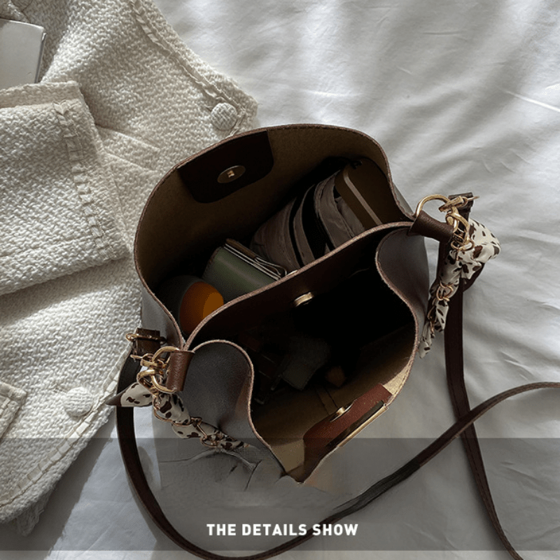Metal Chain Crossbody Bucket Bag PU Leather Shoulder Bag