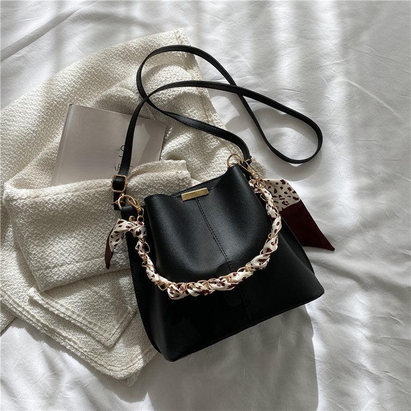 Metal Chain Crossbody Bucket Bag PU Leather Shoulder Bag