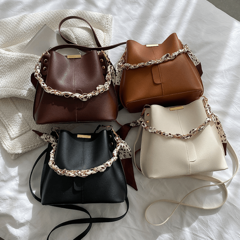Metal Chain Crossbody Bucket Bag PU Leather Shoulder Bag