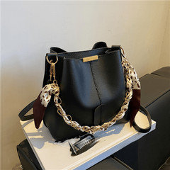 Metal Chain Crossbody Bucket Bag PU Leather Shoulder Bag