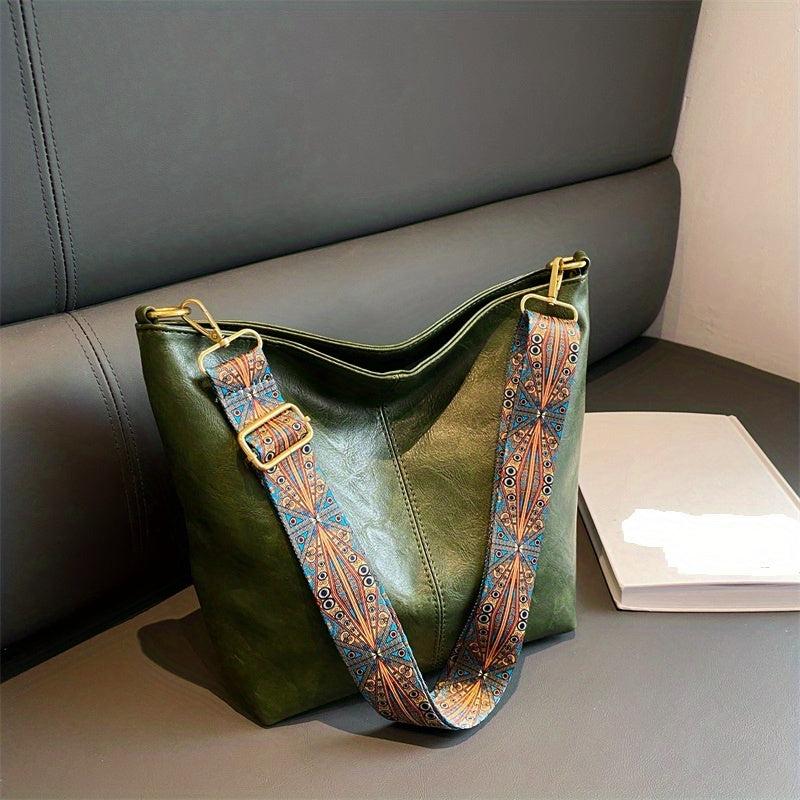 Vintage Crossbody Bag Ethnic Strap Shoulder Bag PU Leather Bucket Style Hobo Bag