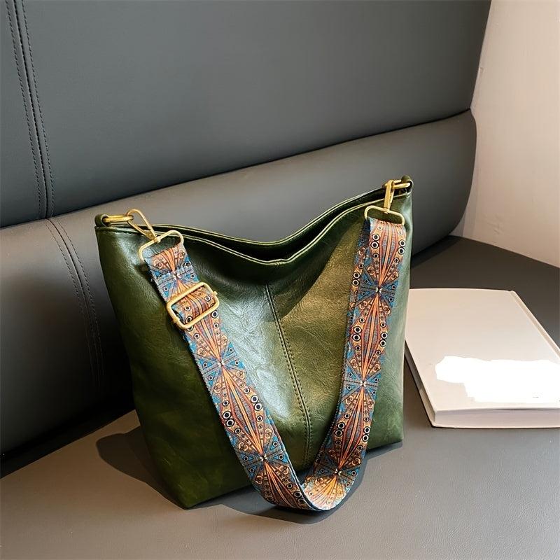 Vintage Crossbody Bag Ethnic Strap Shoulder Bag PU Leather Bucket Style Hobo Bag