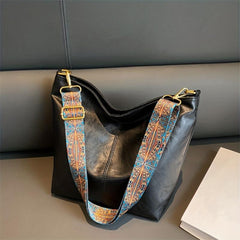 Vintage Crossbody Bag Ethnic Strap Shoulder Bag PU Leather Bucket Style Hobo Bag