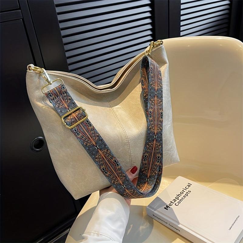 Vintage Crossbody Bag Ethnic Strap Shoulder Bag PU Leather Bucket Style Hobo Bag