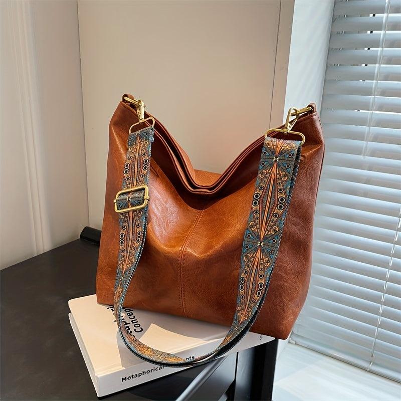 Vintage Crossbody Bag Ethnic Strap Shoulder Bag PU Leather Bucket Style Hobo Bag