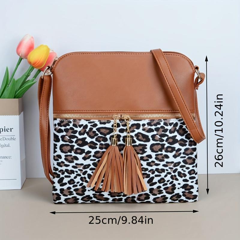 Leopard Crossbody Bag Tassel Decor Square Purse