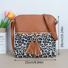 Leopard Crossbody Bag Tassel Decor Square Purse