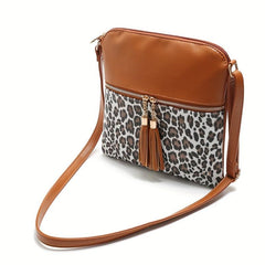 Leopard Crossbody Bag Tassel Decor Square Purse