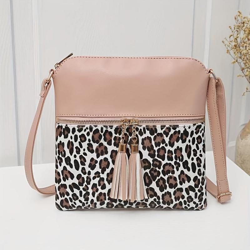 Leopard Crossbody Bag Tassel Decor Square Purse