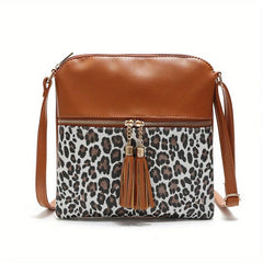 Leopard Crossbody Bag Tassel Decor Square Purse