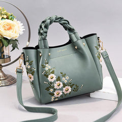 Flower Embroidery Durable Shoulder Bag Double Handle Tote Handbag